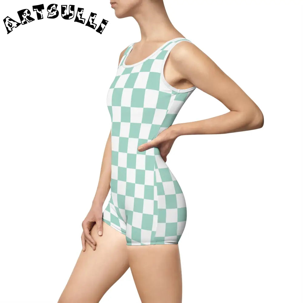 Mint Green Checkered Tank One-Piece Swimsuit, Artsulli - Art is Long, Life is Short, All Over Prints, , , , , , , 