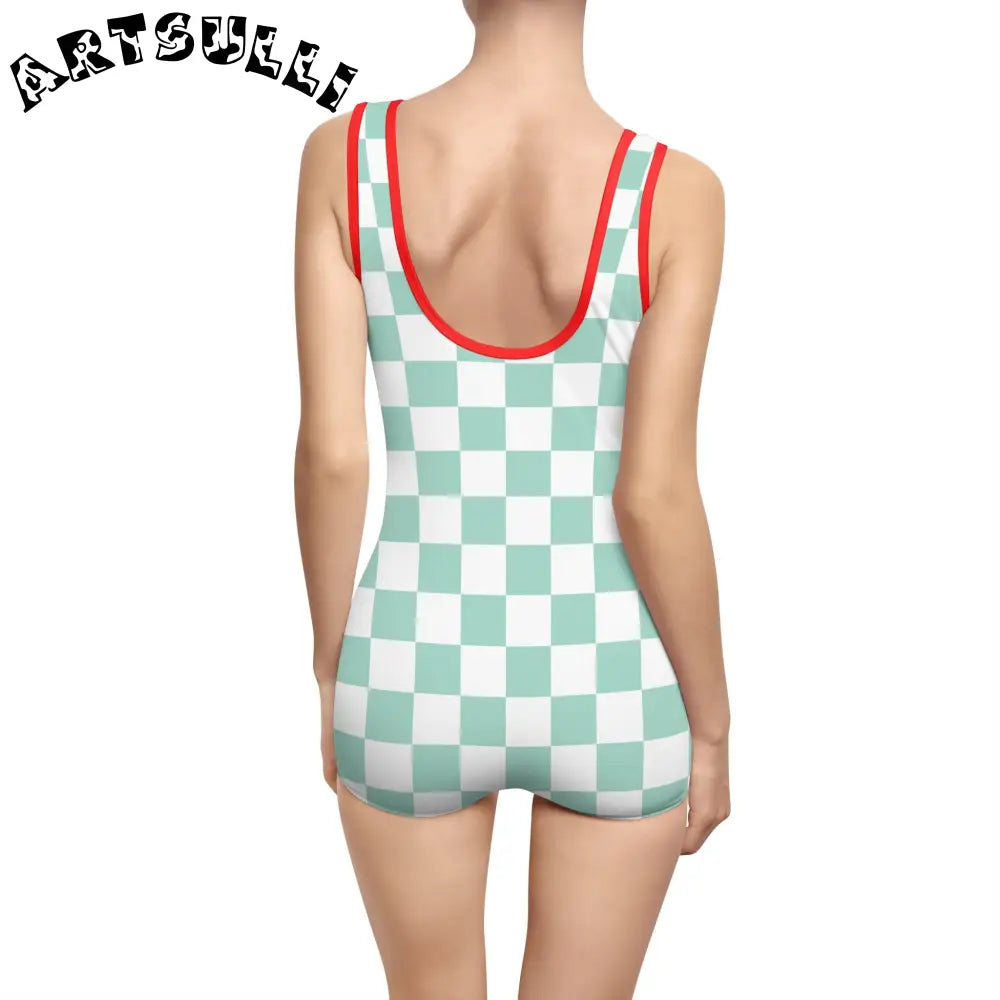 Mint Green Checkered Tank One-Piece Swimsuit, Artsulli - Art is Long, Life is Short, All Over Prints, , , , , , , 