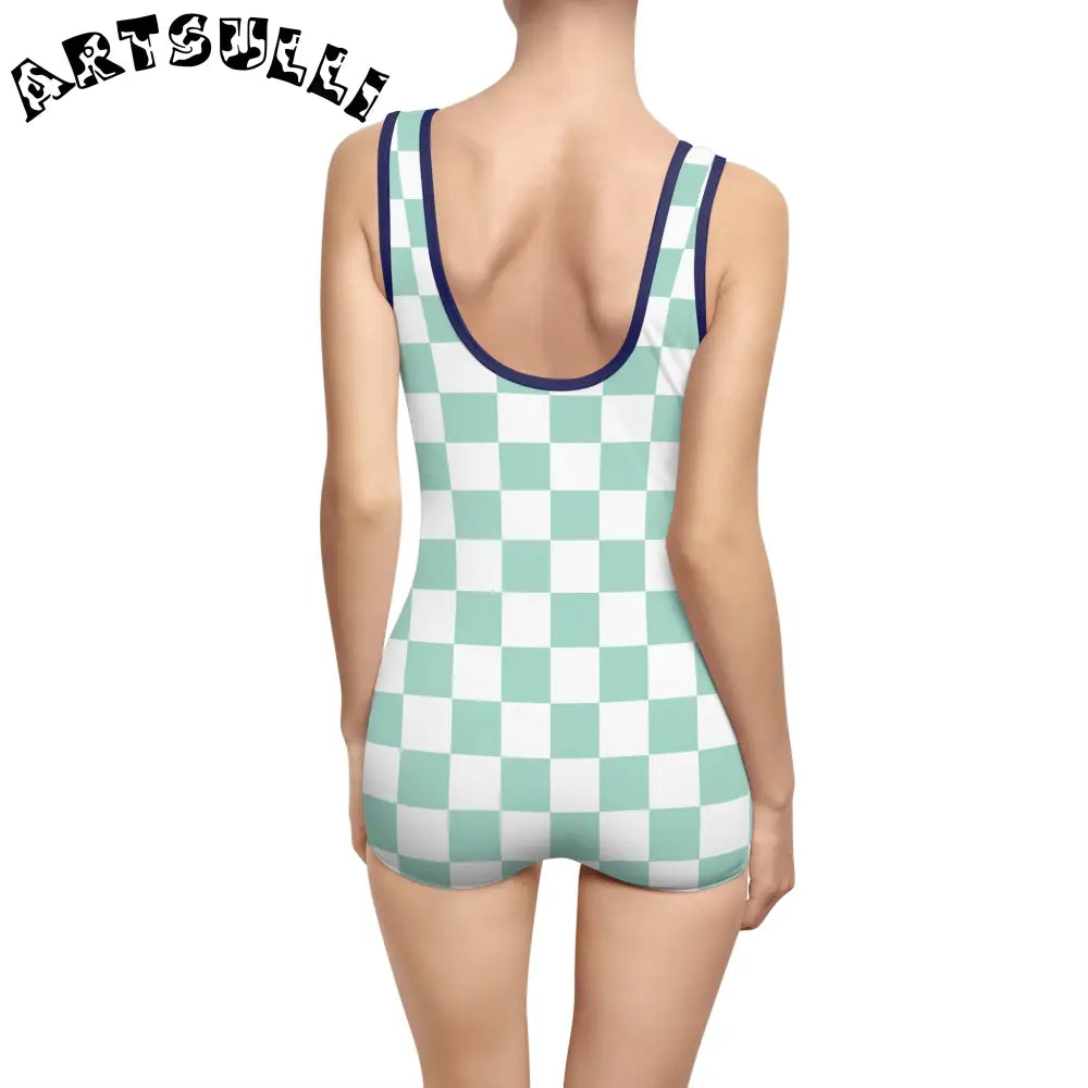 Mint Green Checkered Tank One-Piece Swimsuit, Artsulli - Art is Long, Life is Short, All Over Prints, , , , , , , 