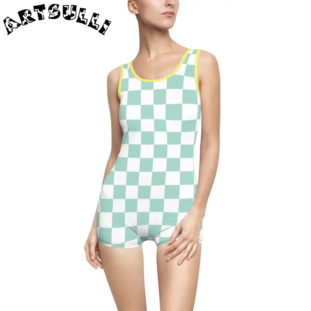 Mint Green Checkered Tank One-Piece Swimsuit, Artsulli - Art is Long, Life is Short, All Over Prints, Color, Yellow, Size, XS, , , 30794460997950878216