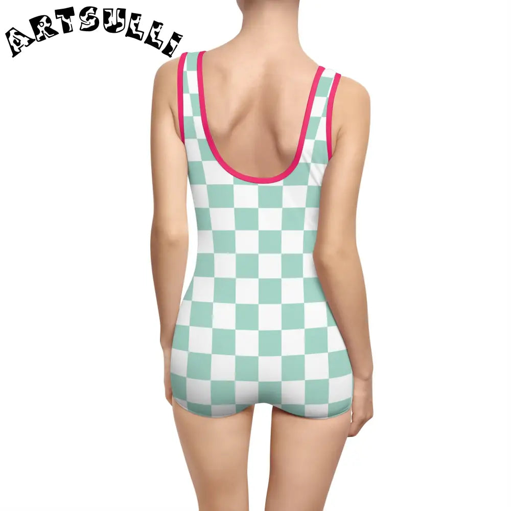 Mint Green Checkered Tank One-Piece Swimsuit, Artsulli - Art is Long, Life is Short, All Over Prints, , , , , , , 