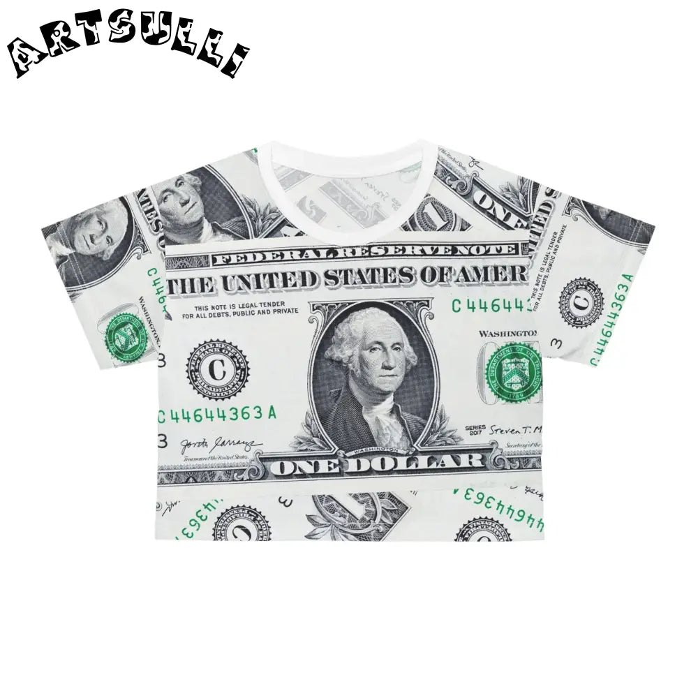Money Collage Crop Tee, Artsulli - Art is Long, Life is Short, All Over Prints, Color, White stitching, Size, XS, , , 82312392165677