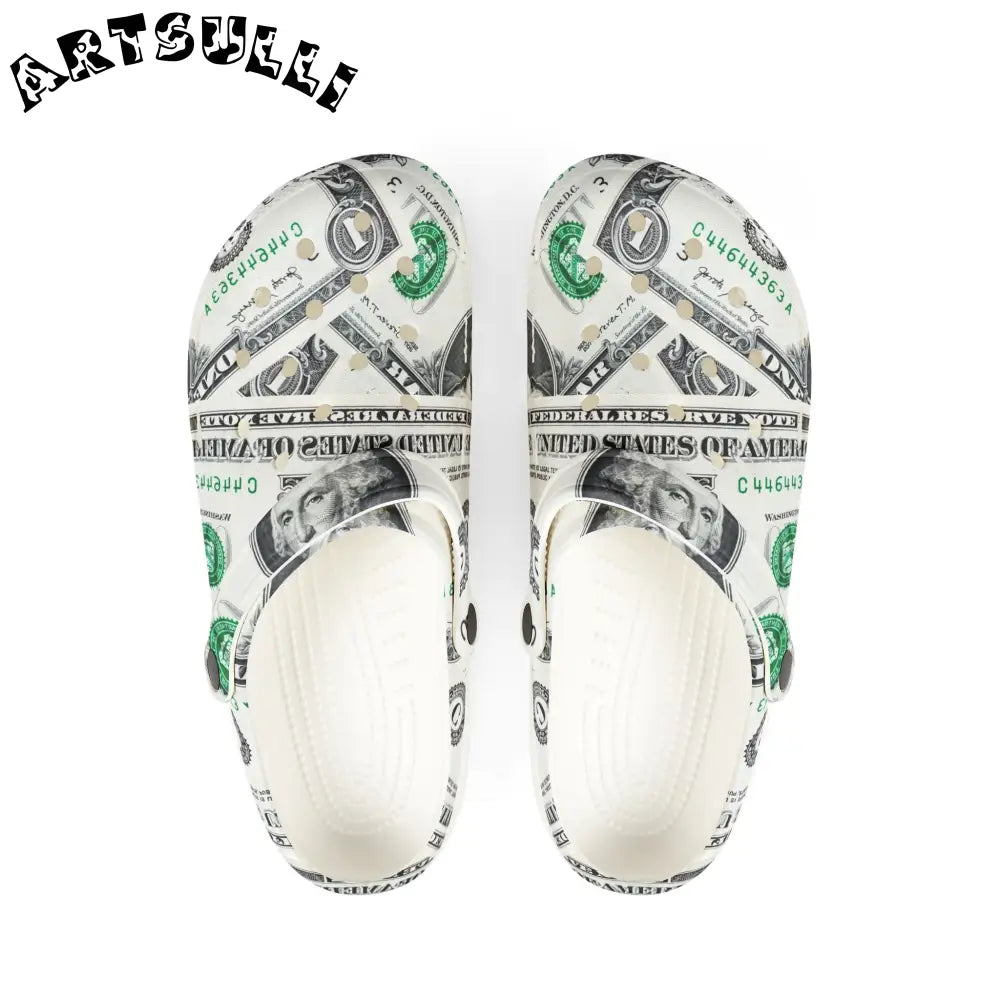 Money Collage EVA Foam Clogs, Artsulli - Art is Long, Life is Short, Shoes, Size, US 6 (Women's), Color, White, , , 82773354835223