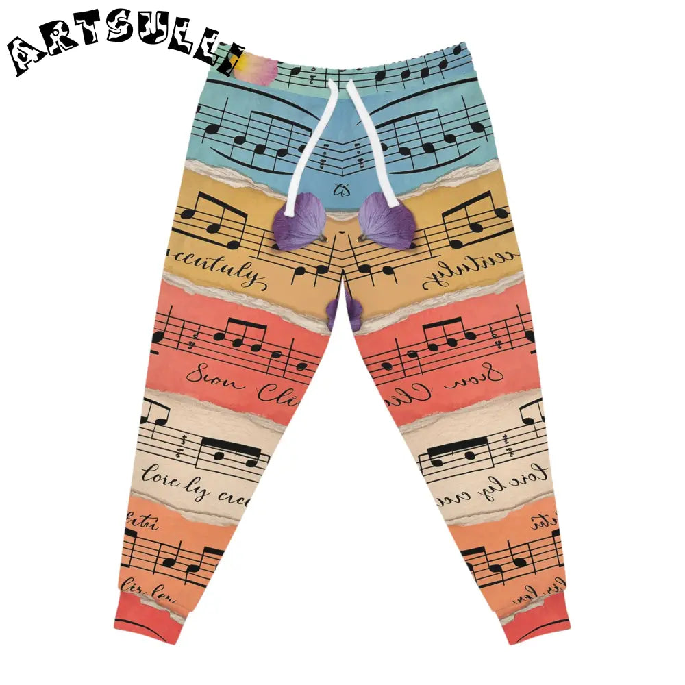 Music Sheet Joggers with Purple Pompoms, Artsulli - Art is Long, Life is Short, All Over Prints, Size, S, Color, Seam thread color automatically matched to design, , , 32985431070457646206