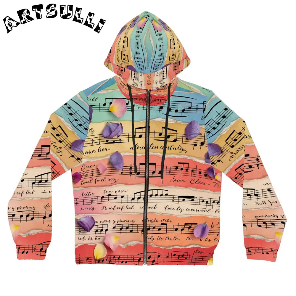 Musical Notes and Petals Zip Hoodie, Artsulli - Art is Long, Life is Short, All Over Prints, Size, XS, Color, Black, , , 29682929258820375399