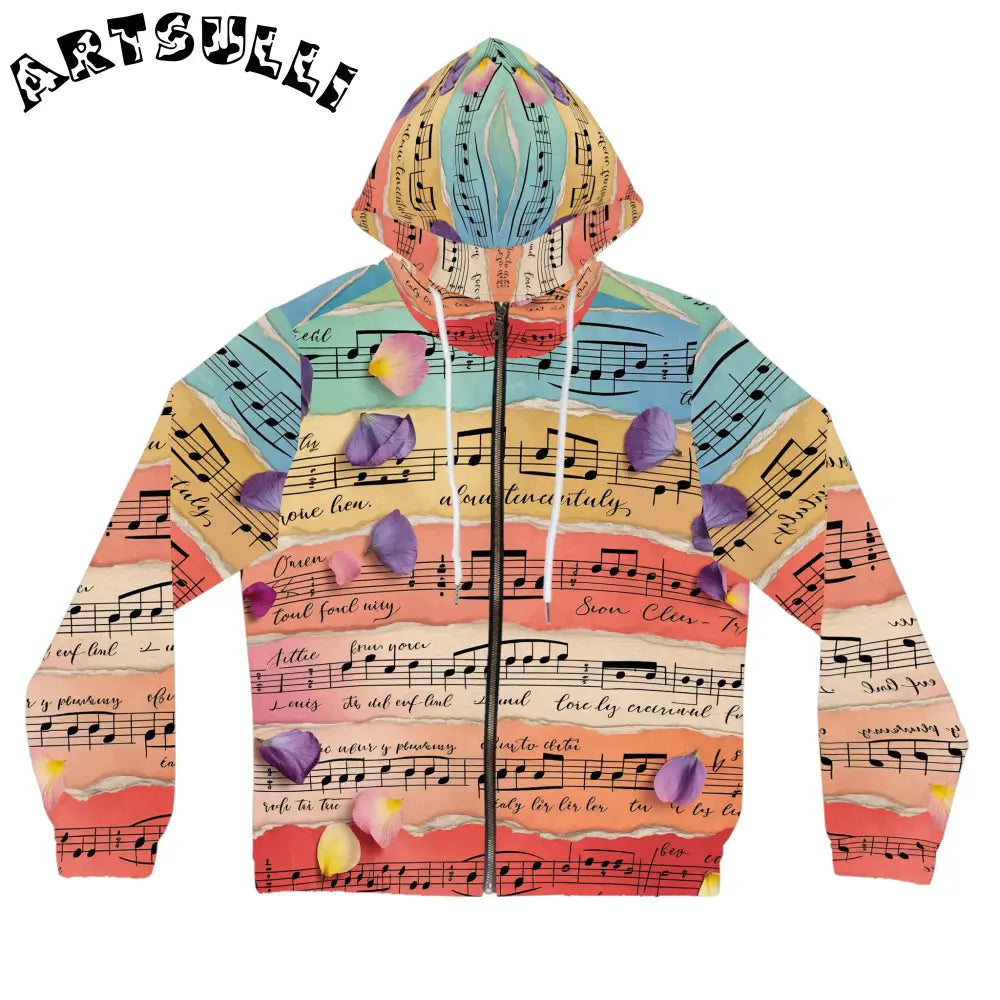 Musical Notes and Petals Zip Hoodie, Artsulli - Art is Long, Life is Short, All Over Prints, Size, XS, Color, White, , , 18303705552077265356