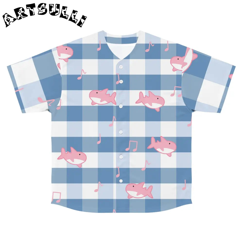 Musical Shark Checkered Baseball Jersey, Artsulli - Art is Long, Life is Short, All Over Prints, Size, S, Color, Seam thread color automatically matched to design, , , 25459226186598052112