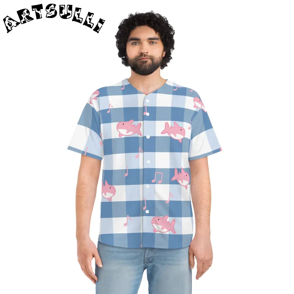 Musical Shark Checkered Baseball Jersey, Artsulli - Art is Long, Life is Short, All Over Prints, , , , , , , 