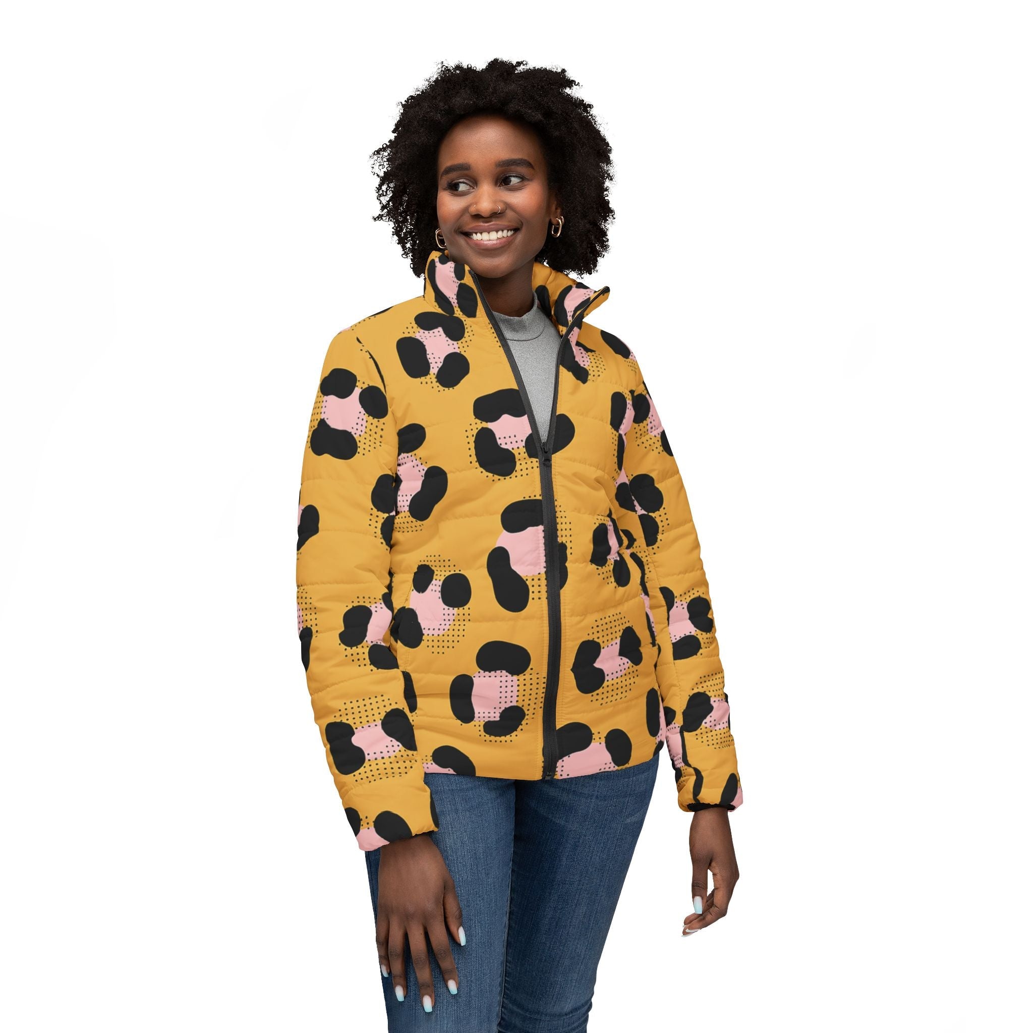 Mustard Yellow Leopard Print Puffer Jacket, Artsulli - Art is Long, Life is Short, All Over Prints, , , , , , , 
