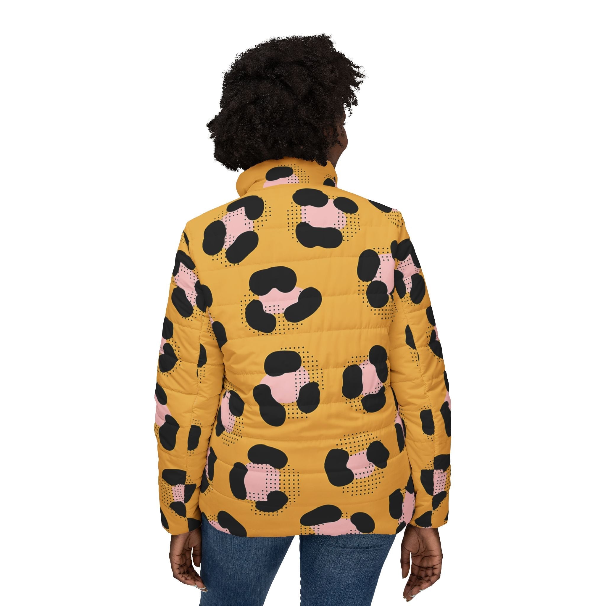 Mustard Yellow Leopard Print Puffer Jacket, Artsulli - Art is Long, Life is Short, All Over Prints, , , , , , , 