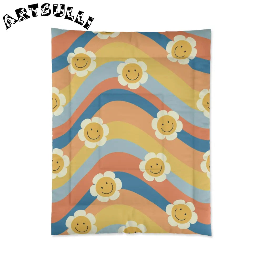 Muted Pastel 70s Smiley Wave Comforter, Artsulli - Art is Long, Life is Short, Home Decor, Size, 68" × 88", , , , , 28498397395938