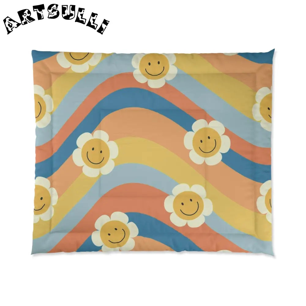 Muted Pastel 70s Smiley Wave Comforter, Artsulli - Art is Long, Life is Short, Home Decor, Size, 104" × 88", , , , , 28467029737100