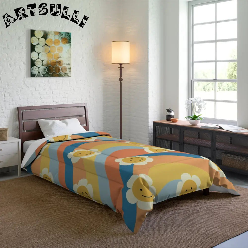 Muted Pastel 70s Smiley Wave Comforter, Artsulli - Art is Long, Life is Short, Home Decor, , , , , , , 