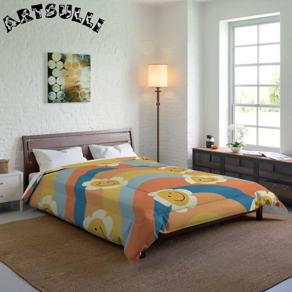 Muted Pastel 70s Smiley Wave Comforter, Artsulli - Art is Long, Life is Short, Home Decor, , , , , , , 
