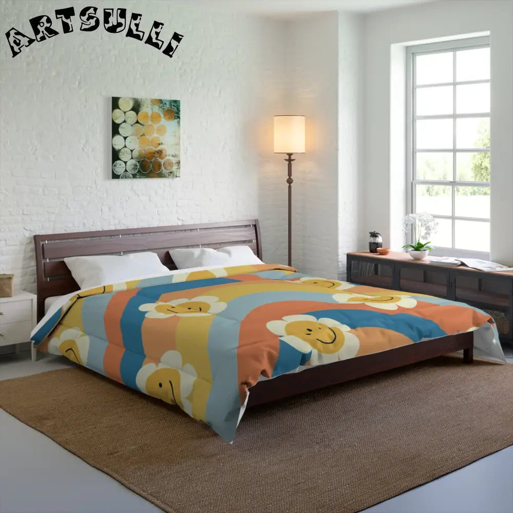Muted Pastel 70s Smiley Wave Comforter, Artsulli - Art is Long, Life is Short, Home Decor, , , , , , , 