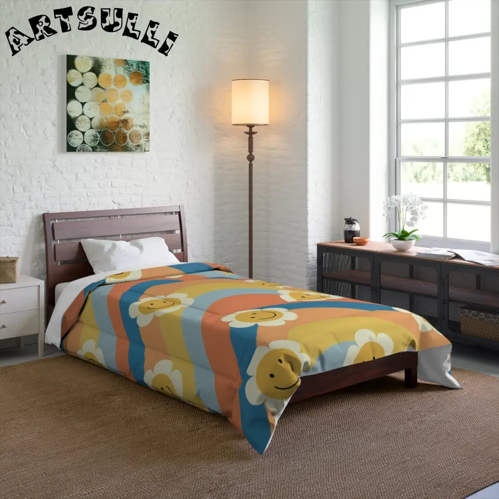 Muted Pastel 70s Smiley Wave Comforter, Artsulli - Art is Long, Life is Short, Home Decor, , , , , , , 