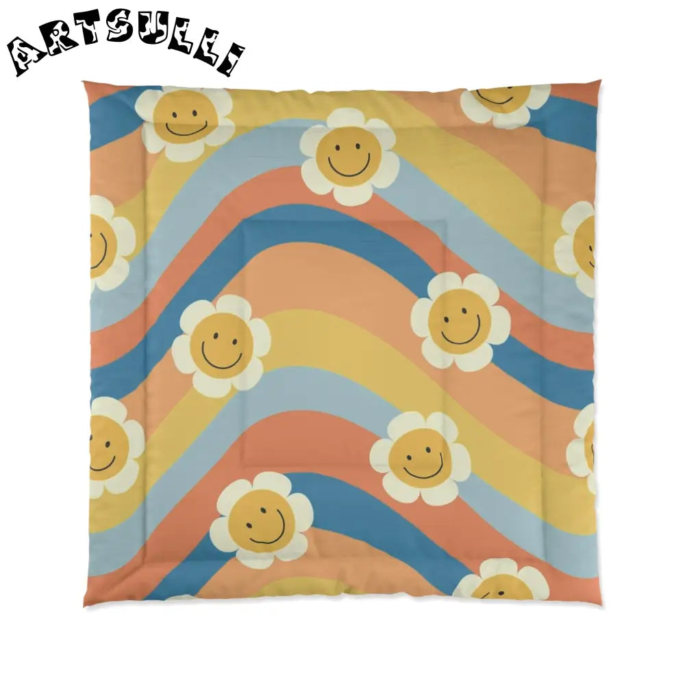 Muted Pastel 70s Smiley Wave Comforter, Artsulli - Art is Long, Life is Short, Home Decor, Size, 88" × 88", , , , , 28479339920086