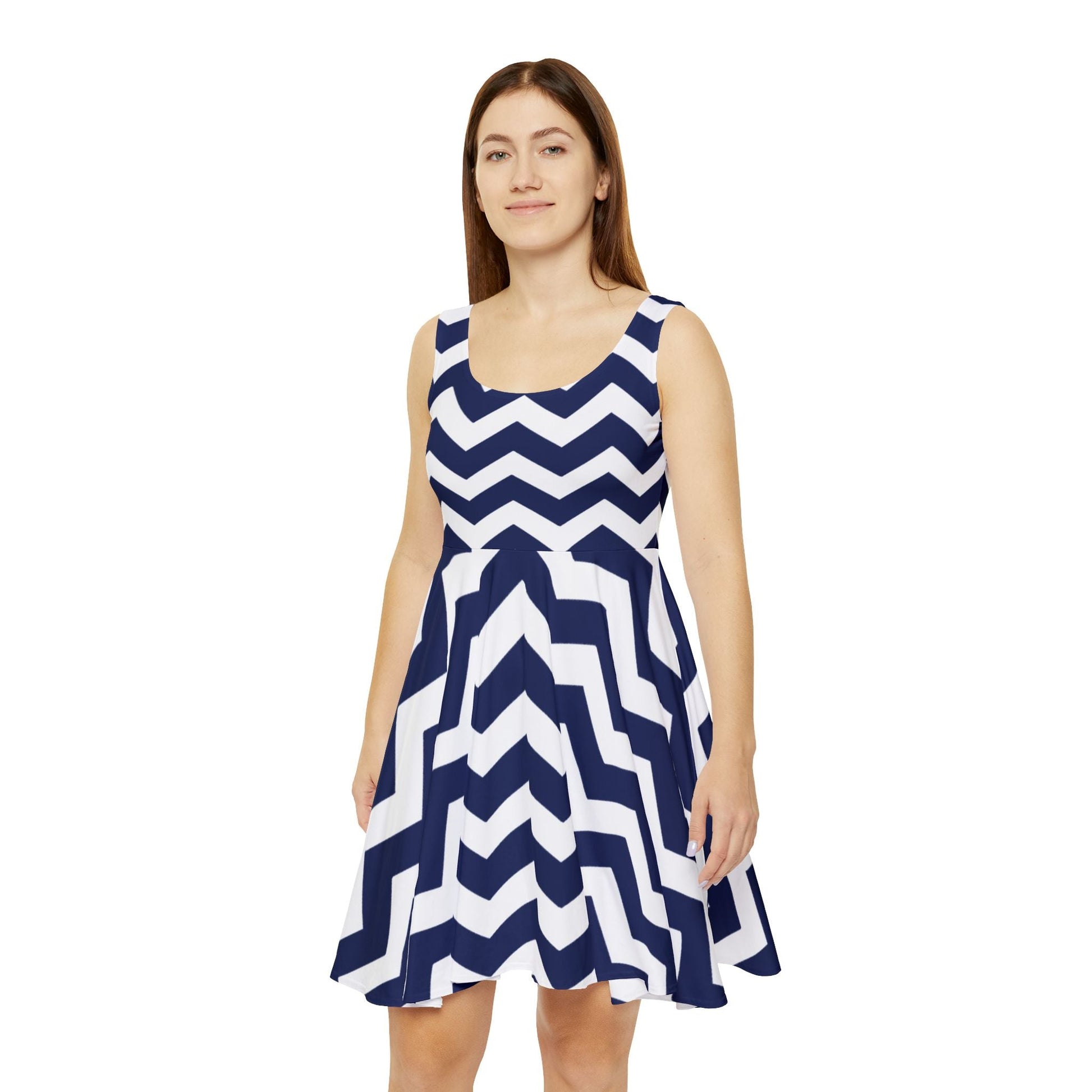 Navy and White Chevron Skater Dress, Artsulli - Art is Long, Life is Short, All Over Prints, , , , , , , 