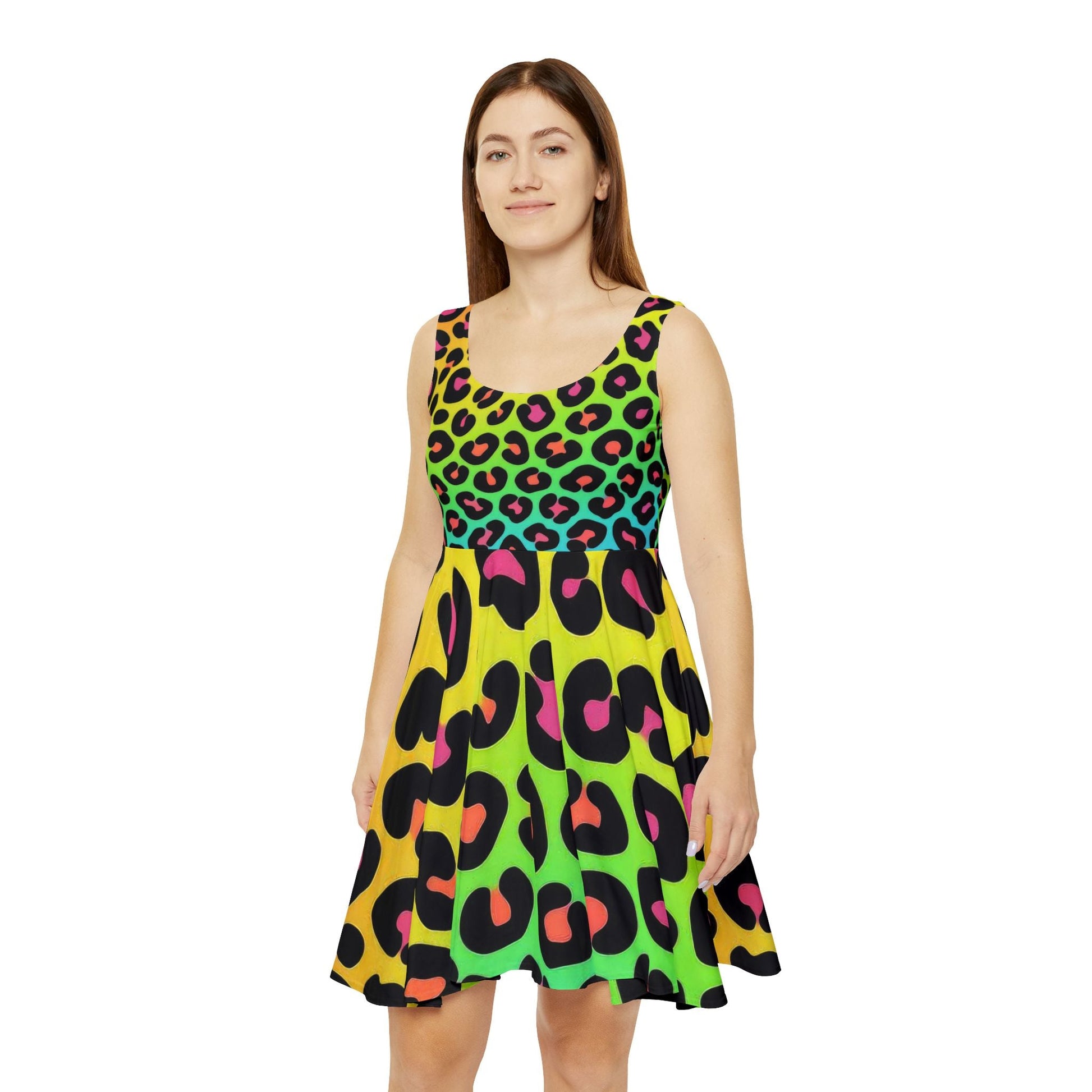 Neon Rainbow Leopard Skater Dress, Artsulli - Art is Long, Life is Short, All Over Prints, , , , , , , 