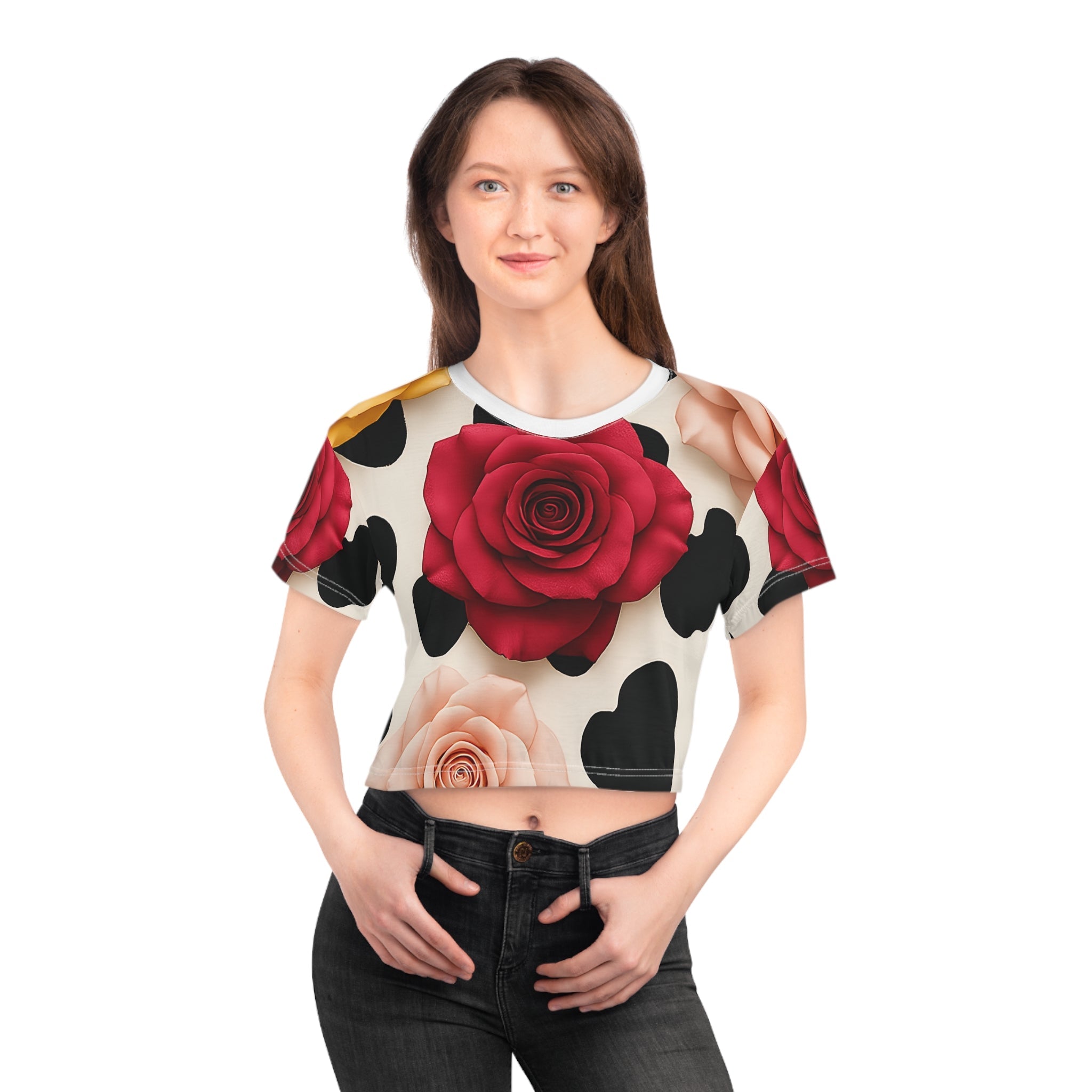 Off White Rose and Cow Print Crop Tee, Artsulli - Art is Long, Life is Short, All Over Prints, , , , , , , 
