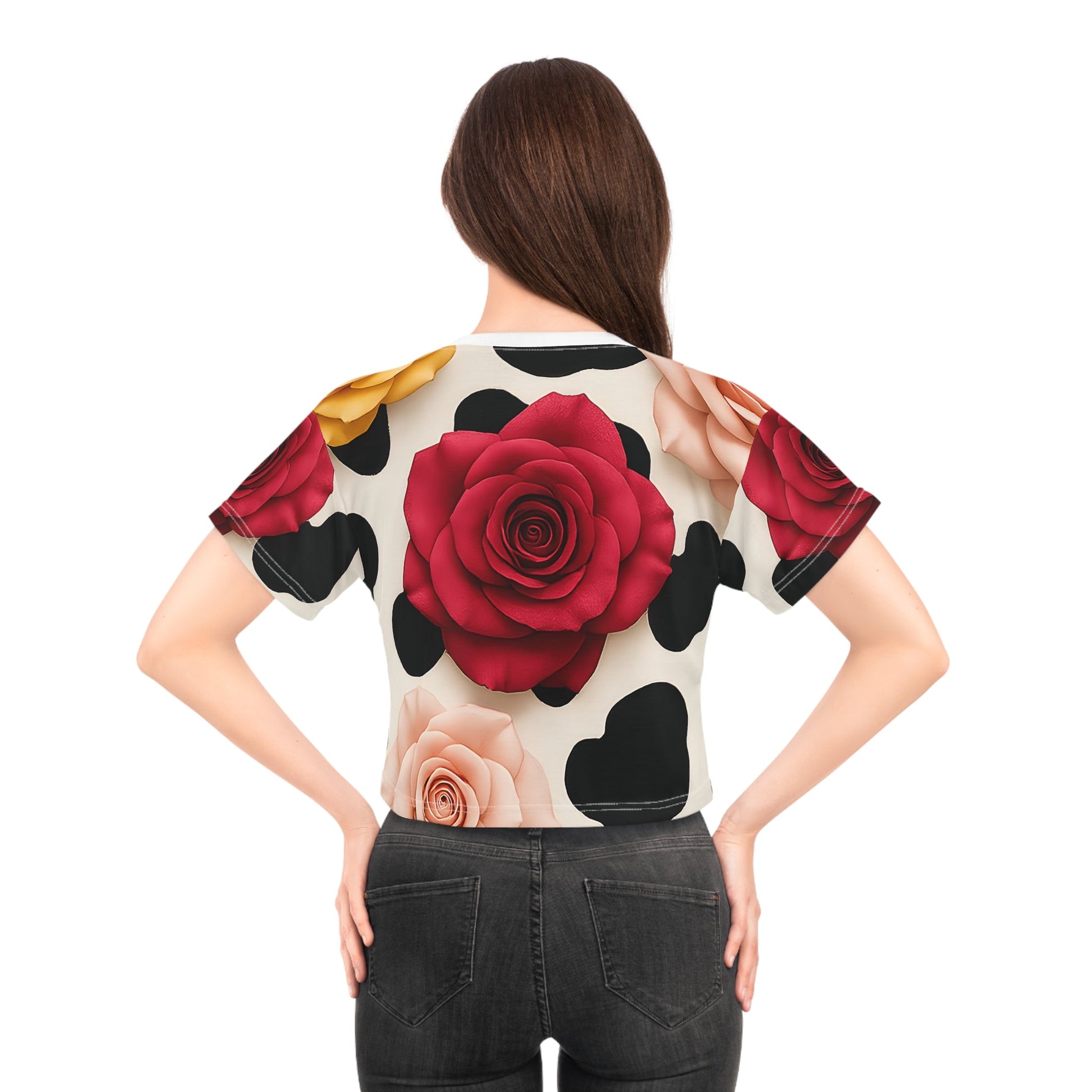 Off White Rose and Cow Print Crop Tee, Artsulli - Art is Long, Life is Short, All Over Prints, , , , , , , 