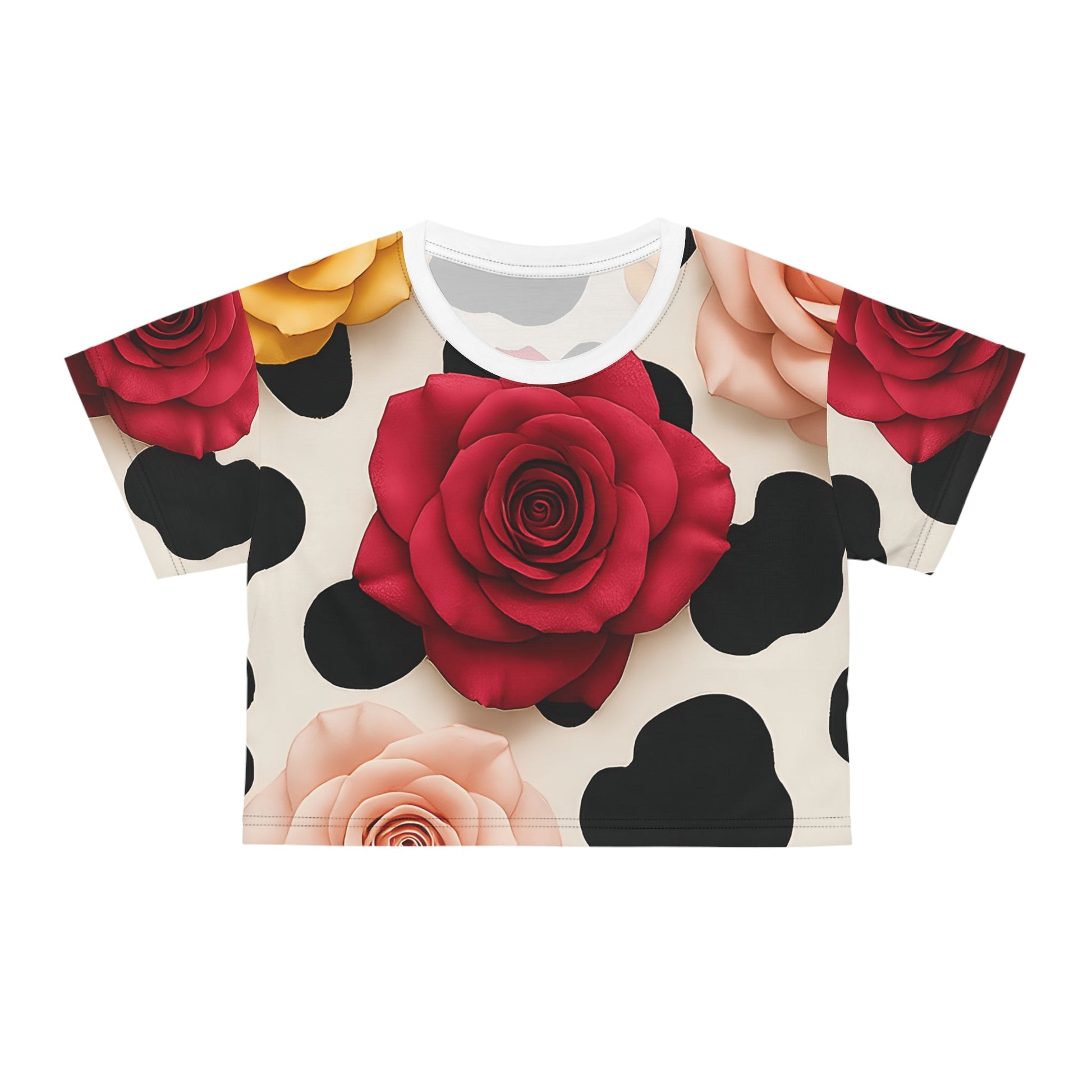Off White Rose and Cow Print Crop Tee, Artsulli - Art is Long, Life is Short, All Over Prints, Color, Black stitching, Size, XS, , , 18478704855019732850
