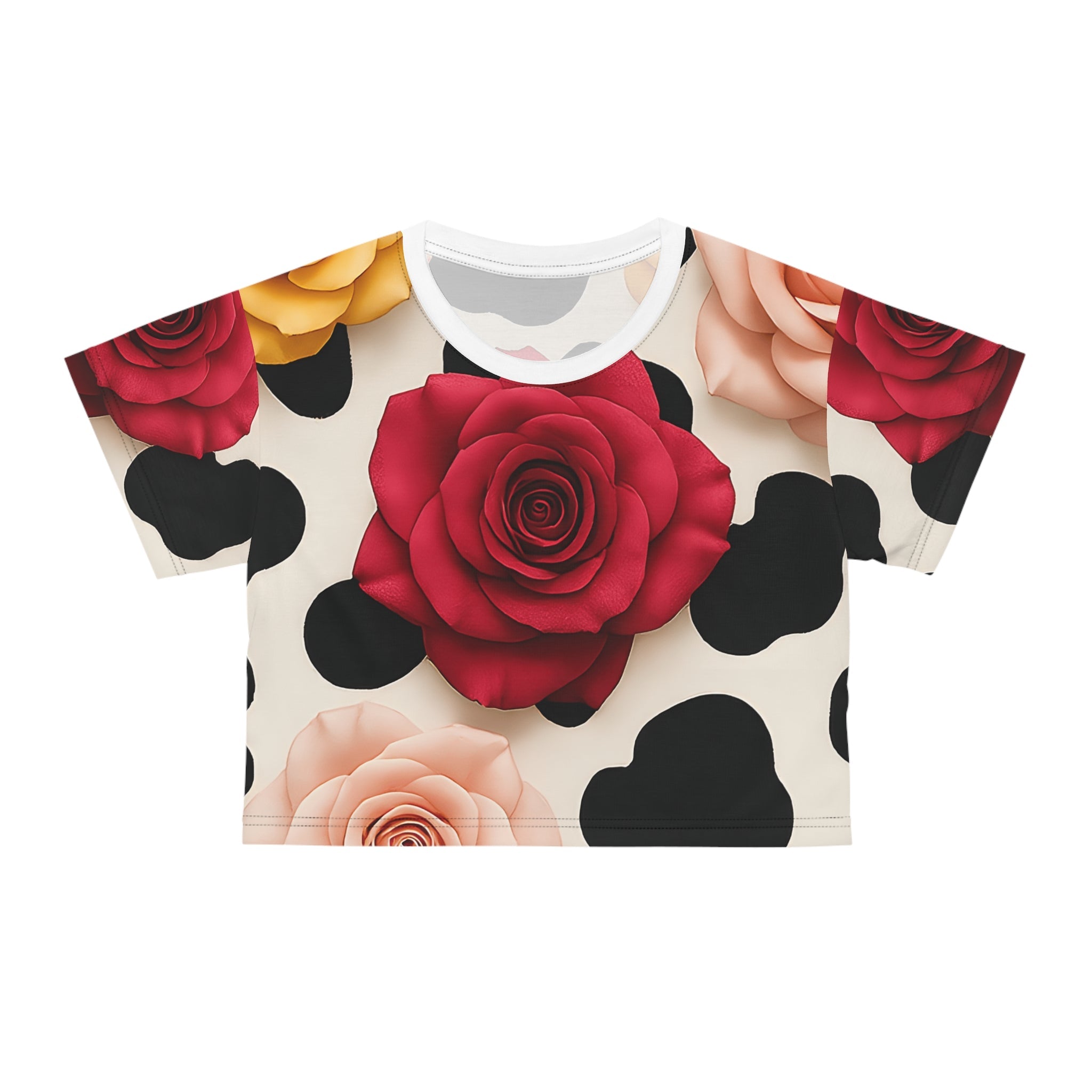 Off White Rose and Cow Print Crop Tee, Artsulli - Art is Long, Life is Short, All Over Prints, Color, Black stitching, Size, XS, , , 18478704855019732850
