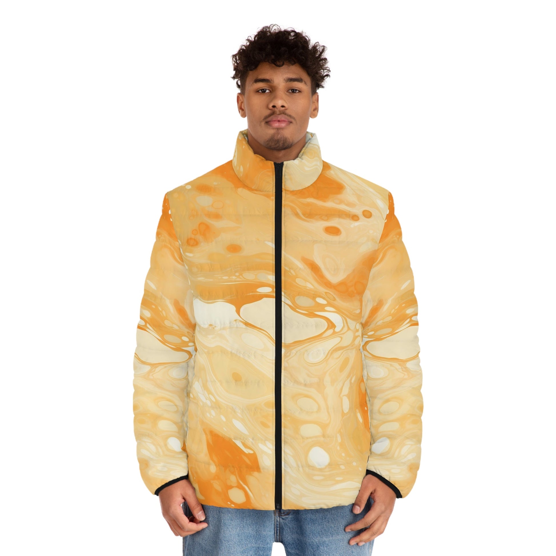 Orange and Cream Marbled Puffer Jacket, Artsulli - Art is Long, Life is Short, All Over Prints, , , , , , , 