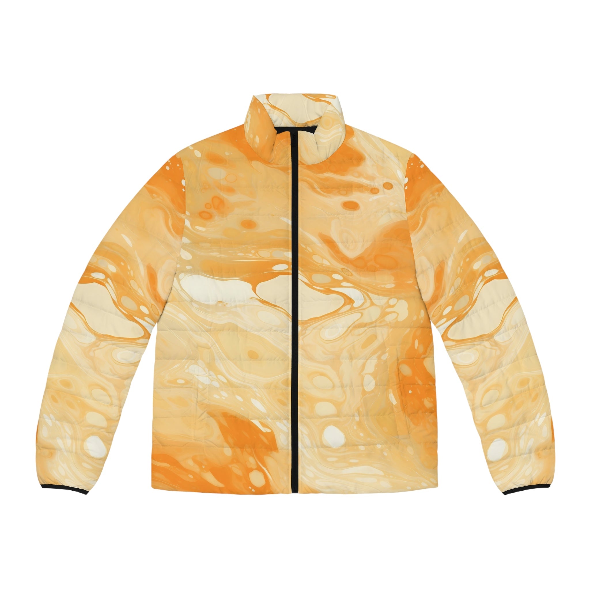 Orange and Cream Marbled Puffer Jacket, Artsulli - Art is Long, Life is Short, All Over Prints, Size, S, Color, Black zipper, , , 32880309910281243922
