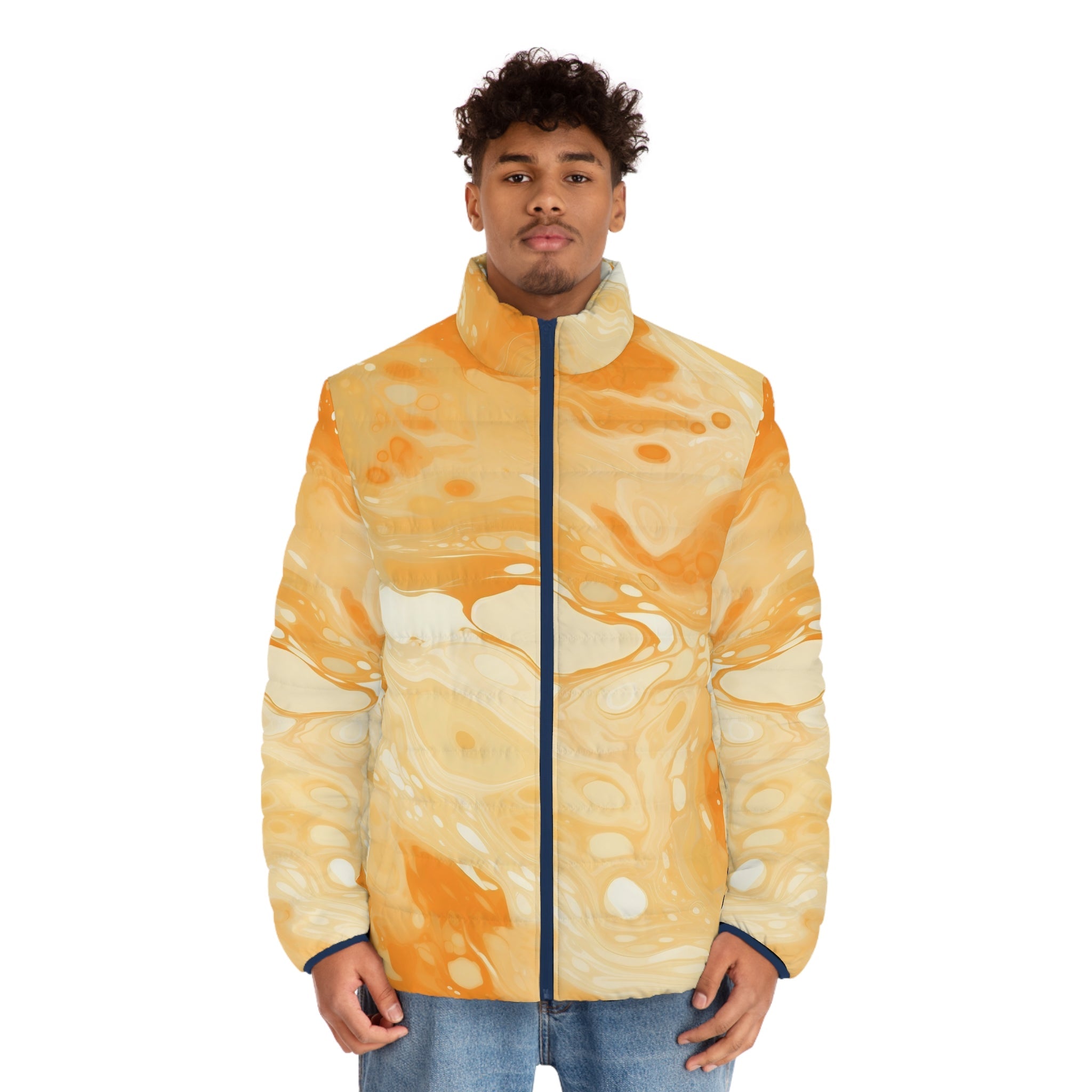 Orange and Cream Marbled Puffer Jacket, Artsulli - Art is Long, Life is Short, All Over Prints, , , , , , , 