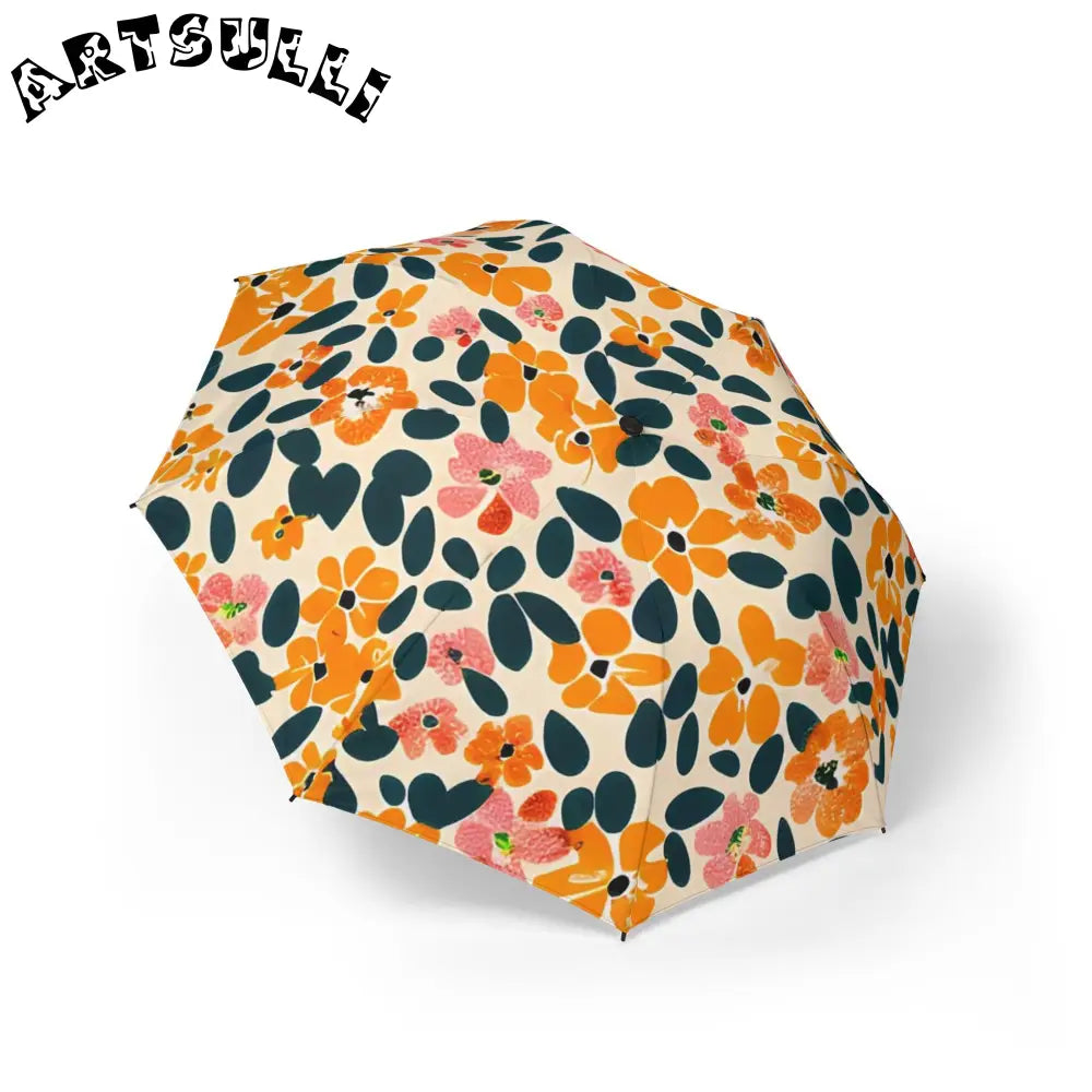Orange and Pink Floral Print Umbrella, Artsulli - Art is Long, Life is Short, Accessories, Size, One size, , , , , 79717485486773358061