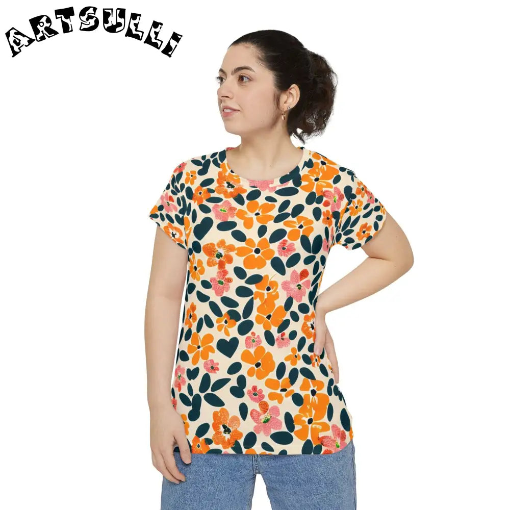 Orange and Pink Floral T-Shirt, Artsulli - Art is Long, Life is Short, All Over Prints, , , , , , , 