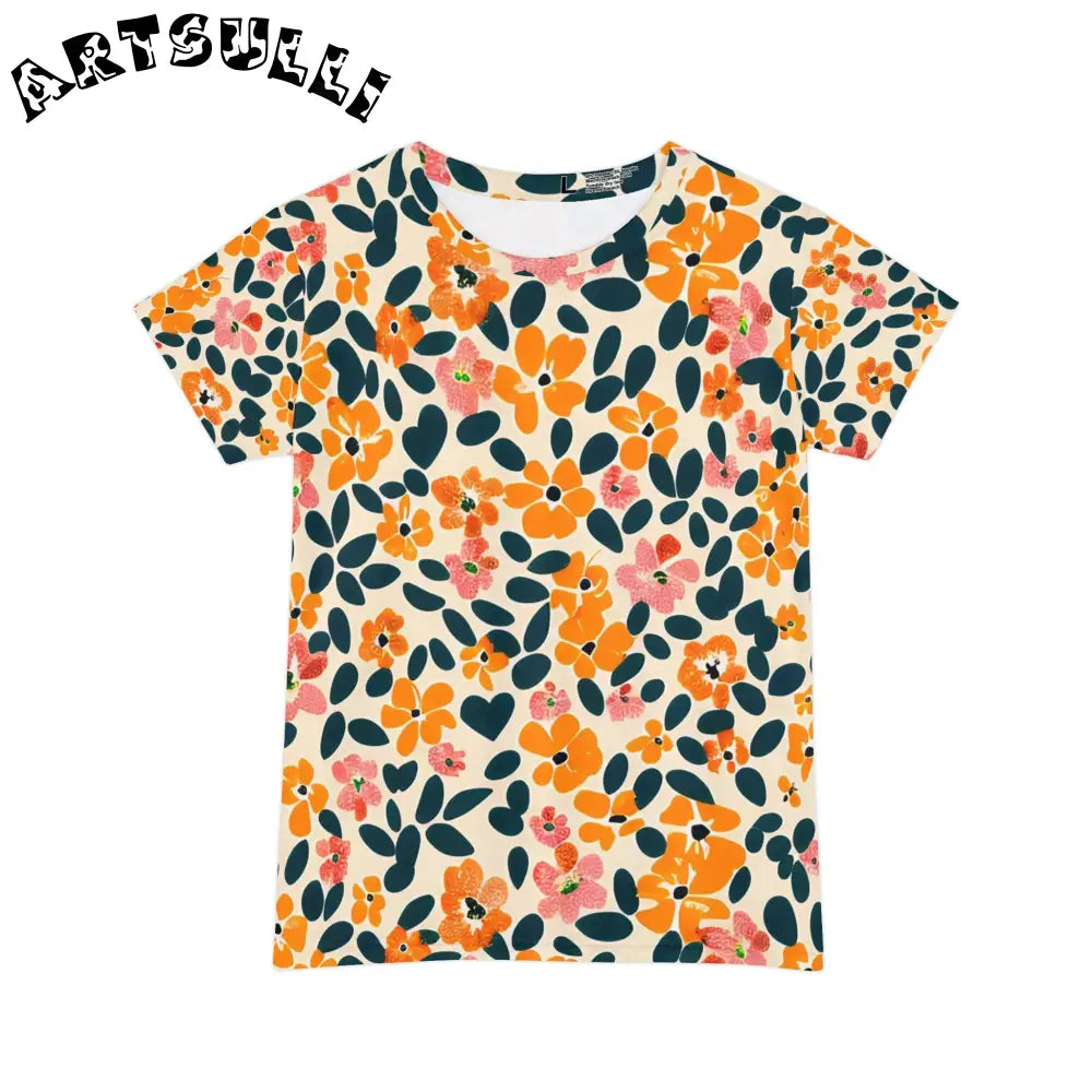 Orange and Pink Floral T-Shirt, Artsulli - Art is Long, Life is Short, All Over Prints, Size, XS, , , , , 28537211843163651551