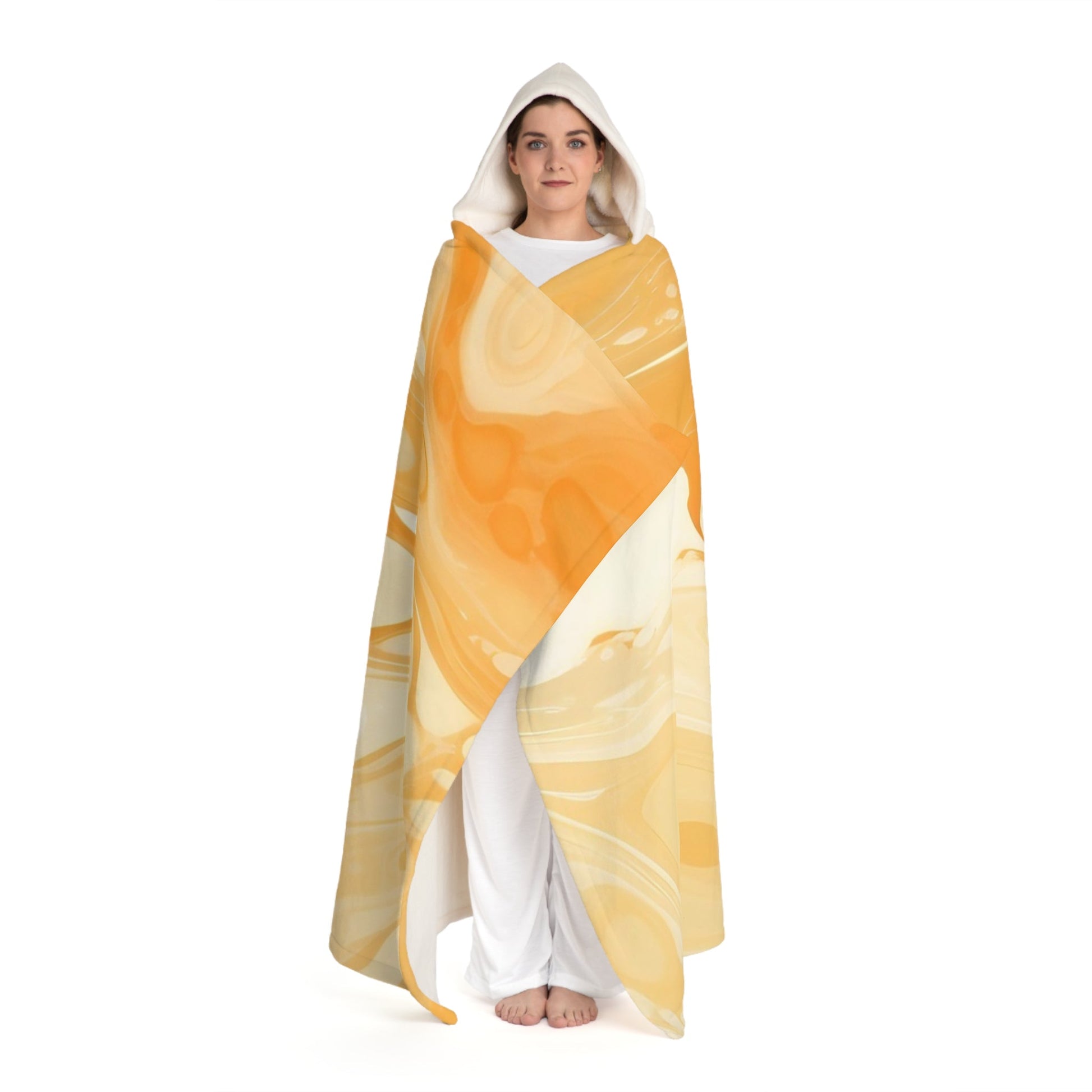 Orange and White Hooded Fleece Blanket Poncho, Artsulli - Art is Long, Life is Short, All Over Prints, , , , , , , 