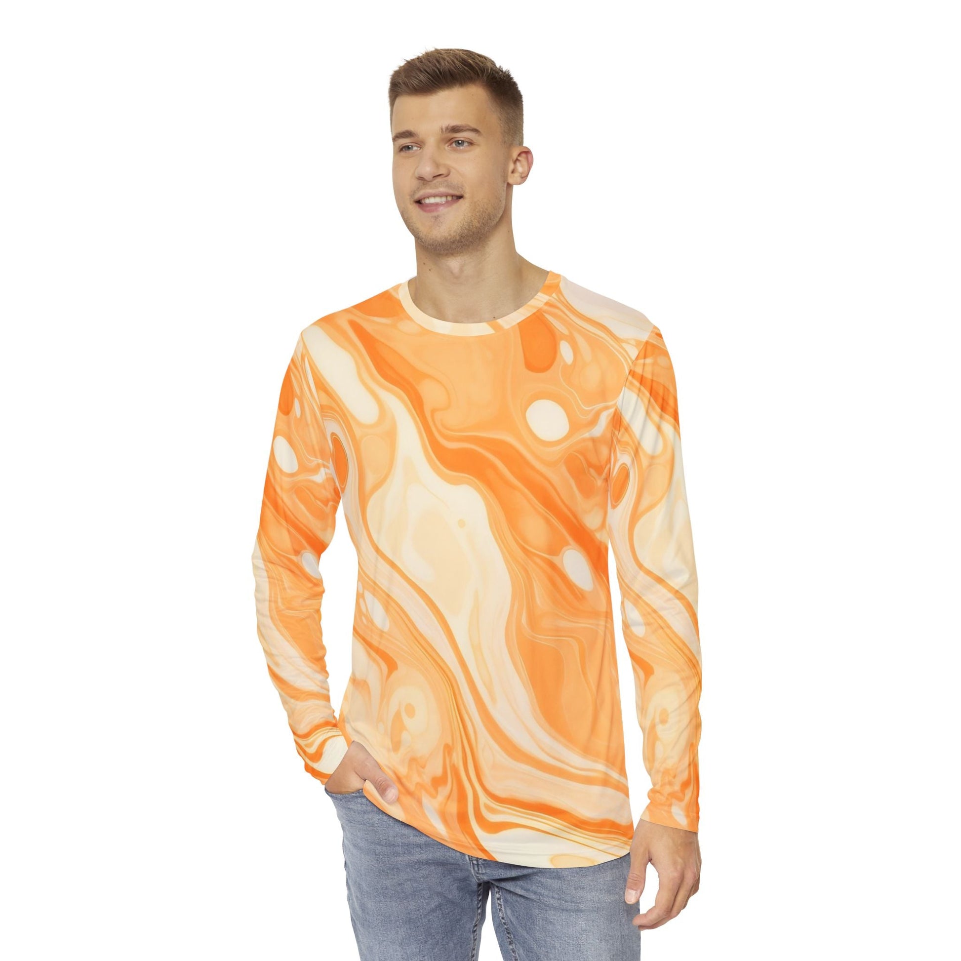 Orange and White Marble Long Sleeve Tee, Artsulli - Art is Long, Life is Short, All Over Prints, , , , , , , 