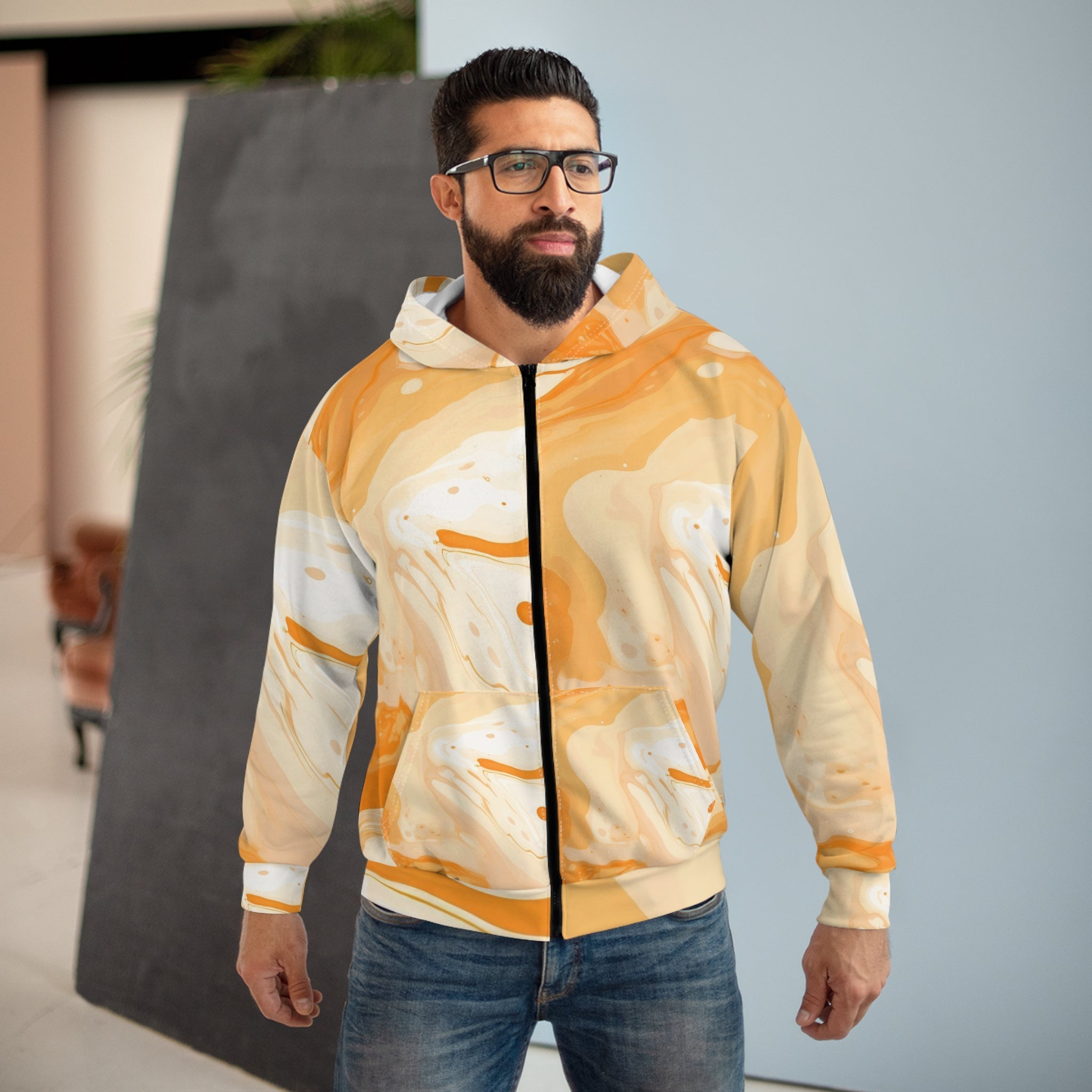 Orange and White Marbled Zip Hoodie, Artsulli - Art is Long, Life is Short, All Over Prints, , , , , , , 