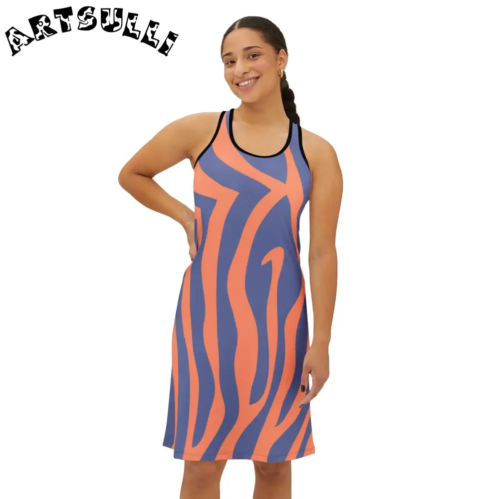 Orange Blue Stripe Jersey-Knit Fabric Blend Dress, Artsulli - Art is Long, Life is Short, Tank Top, , , , , , , 