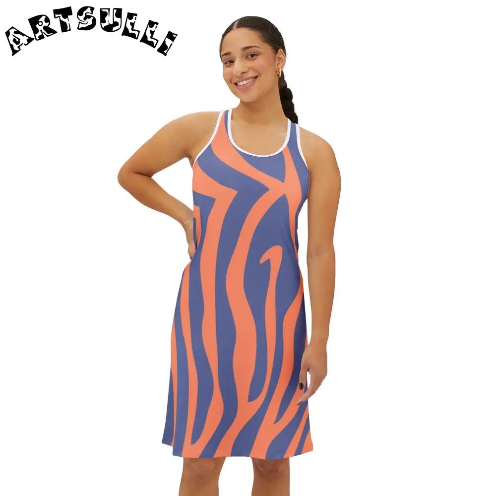 Orange Blue Stripe Jersey-Knit Fabric Blend Dress, Artsulli - Art is Long, Life is Short, Tank Top, , , , , , , 