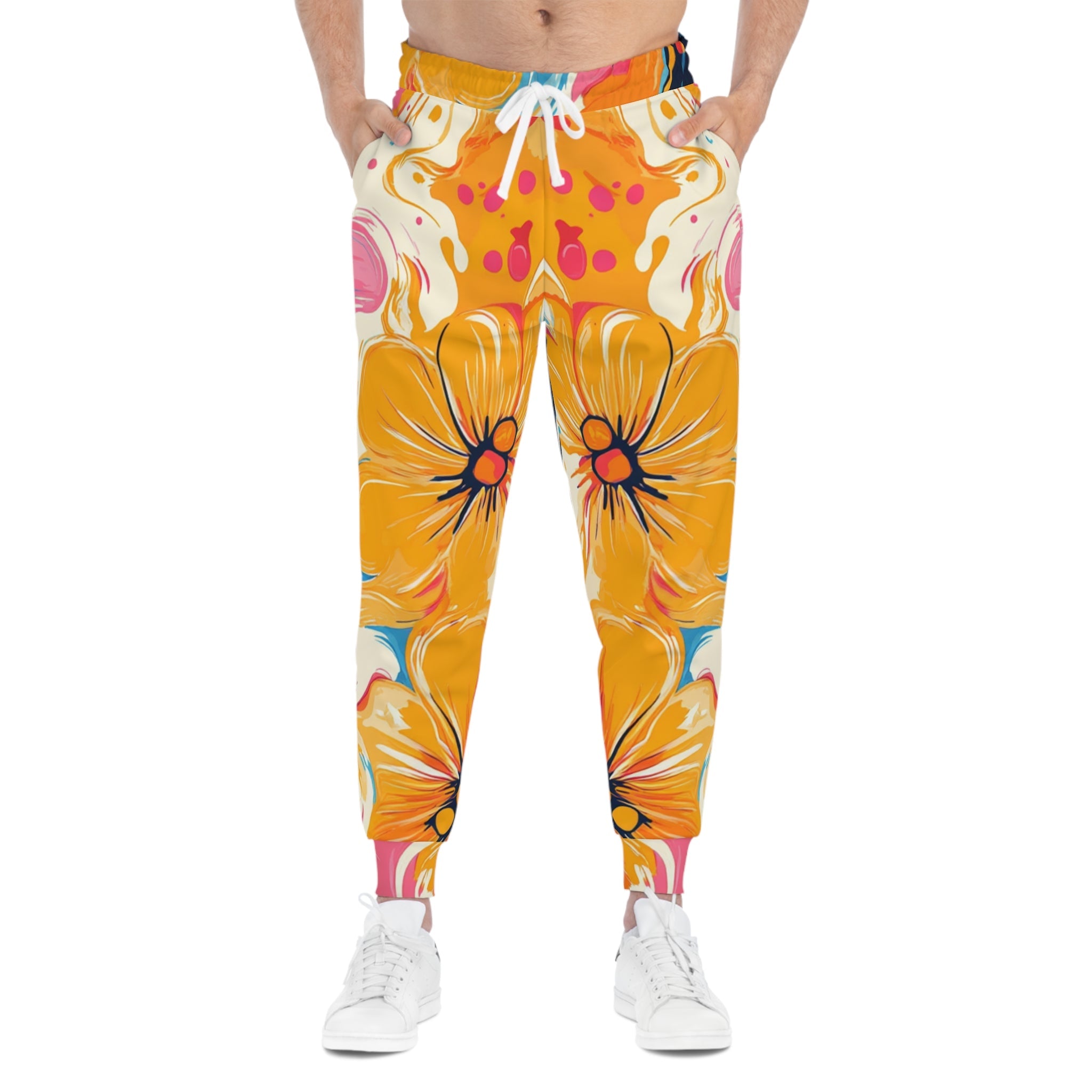 Orange Floral Print Joggers, Artsulli - Art is Long, Life is Short, All Over Prints, , , , , , , 