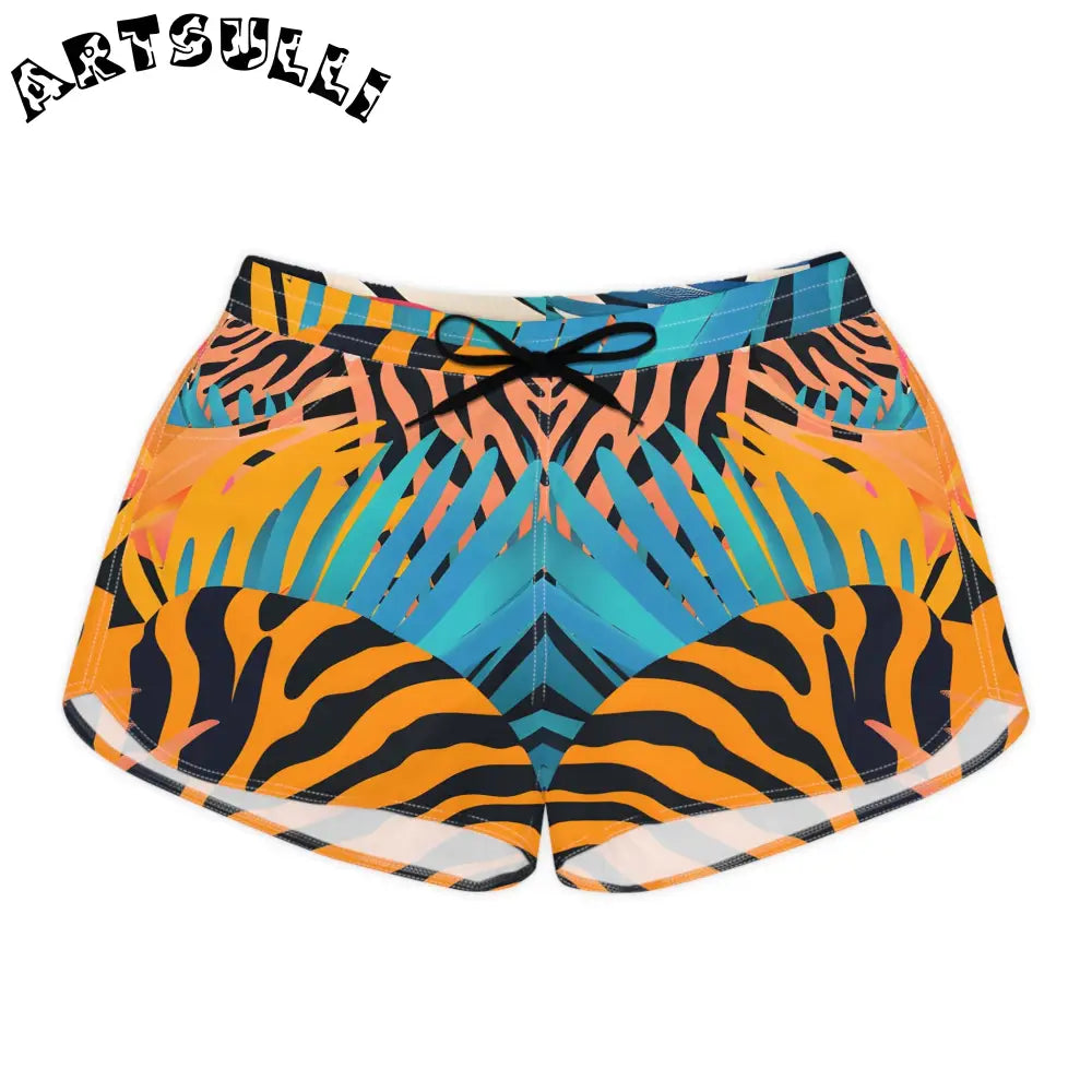 Orange Tiger Stripe Palm Leaves Shorts, Artsulli - Art is Long, Life is Short, All Over Prints, Size, S, Color, Black drawstring, , , 55899769705448785690