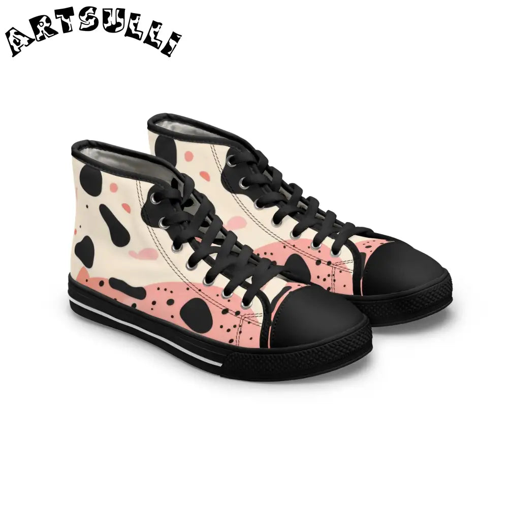 JAKKOUTTHEBXX Organic Cow Print Pink and Cream Women’s High Top Canvas Sneakers 2025