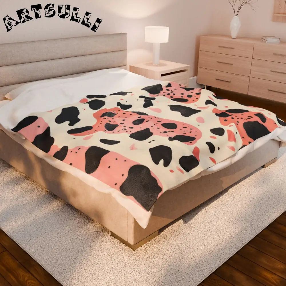 Organic Cow Print Plush Velveteen Blanket, Artsulli - Art is Long, Life is Short, All Over Prints, , , , , , , 