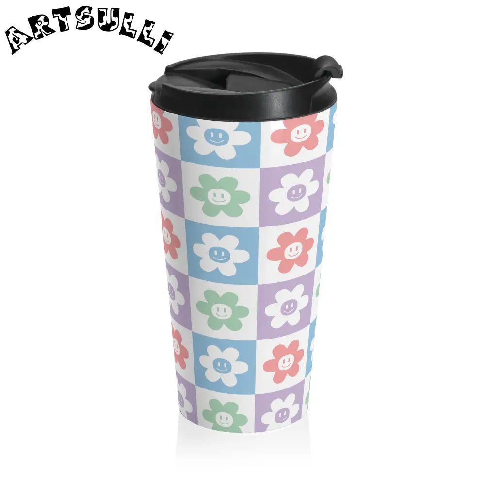 Pastel Checkered Flower Stainless Steel Mug, Artsulli - Art is Long, Life is Short, Mug, , , , , , , 
