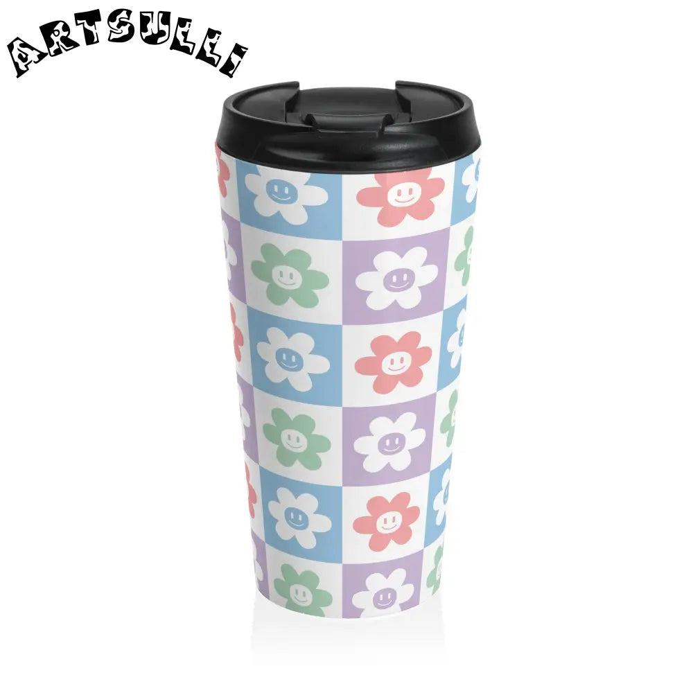 Pastel Checkered Flower Stainless Steel Mug, Artsulli - Art is Long, Life is Short, Mug, Size, 15oz, , , , , 31024182273005685961