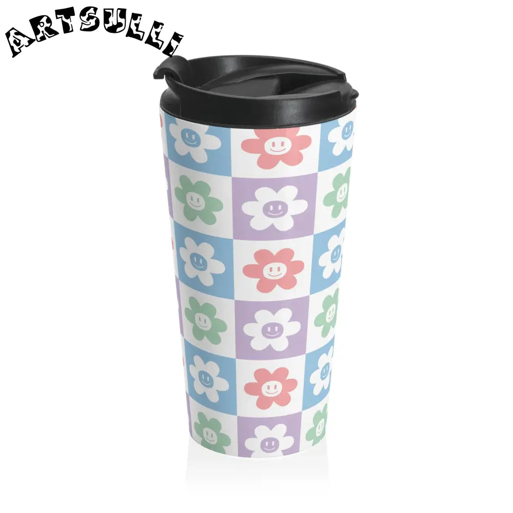 Pastel Checkered Flower Stainless Steel Mug, Artsulli - Art is Long, Life is Short, Mug, , , , , , , 