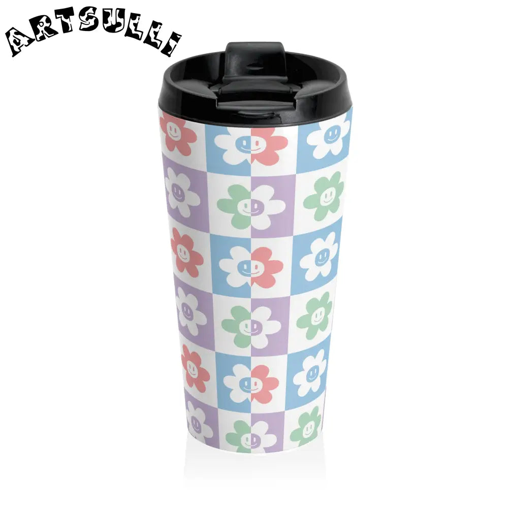 Pastel Checkered Flower Stainless Steel Mug, Artsulli - Art is Long, Life is Short, Mug, , , , , , , 