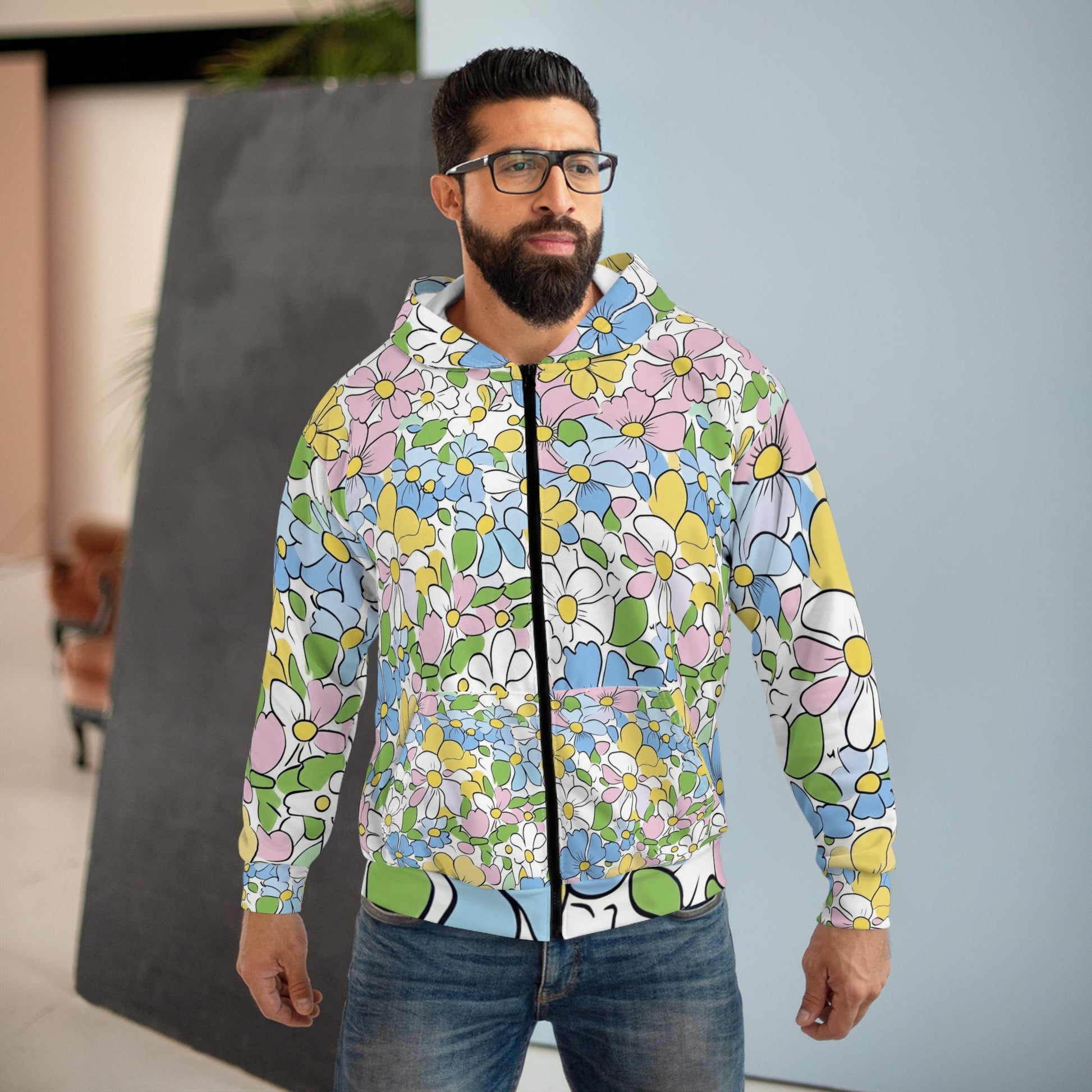 Pastel Floral Print Zip Hoodie, Artsulli - Art is Long, Life is Short, All Over Prints, , , , , , , 