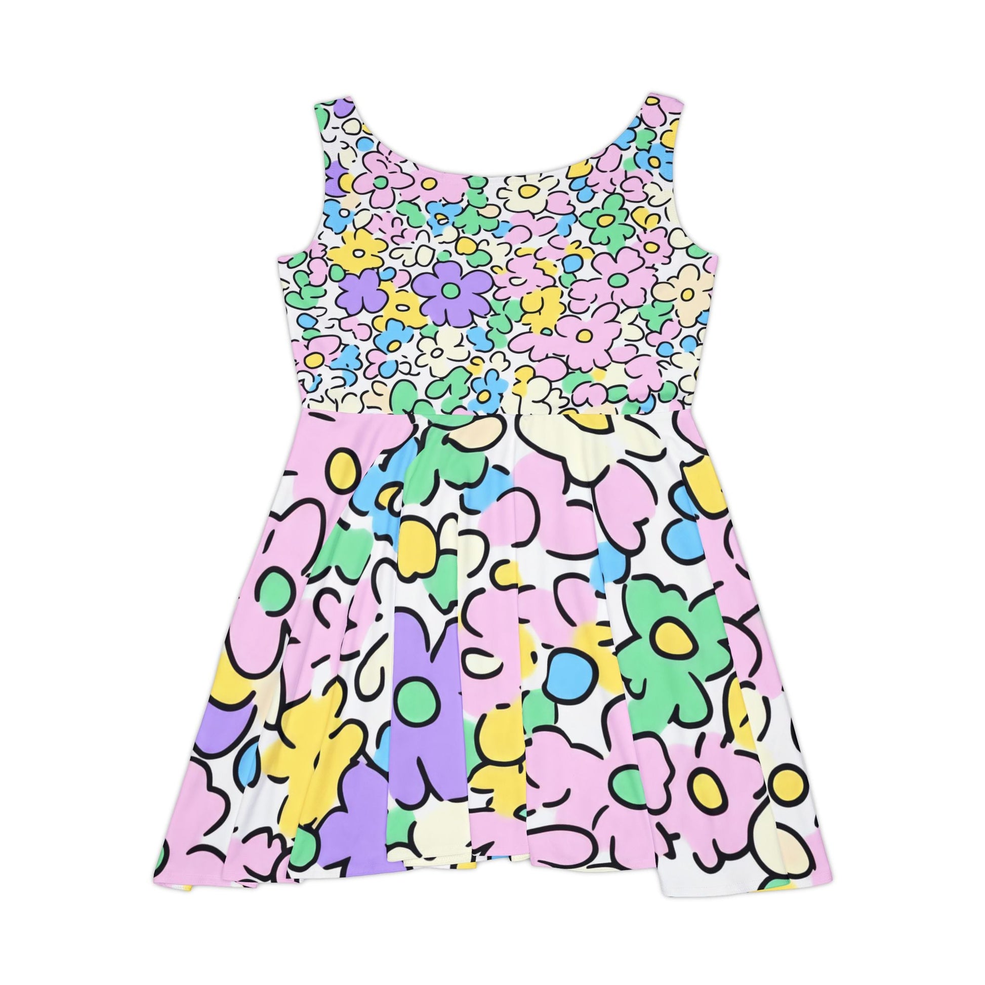 Pastel Floral Sleeveless Skater Dress, Artsulli - Art is Long, Life is Short, All Over Prints, , , , , , , 