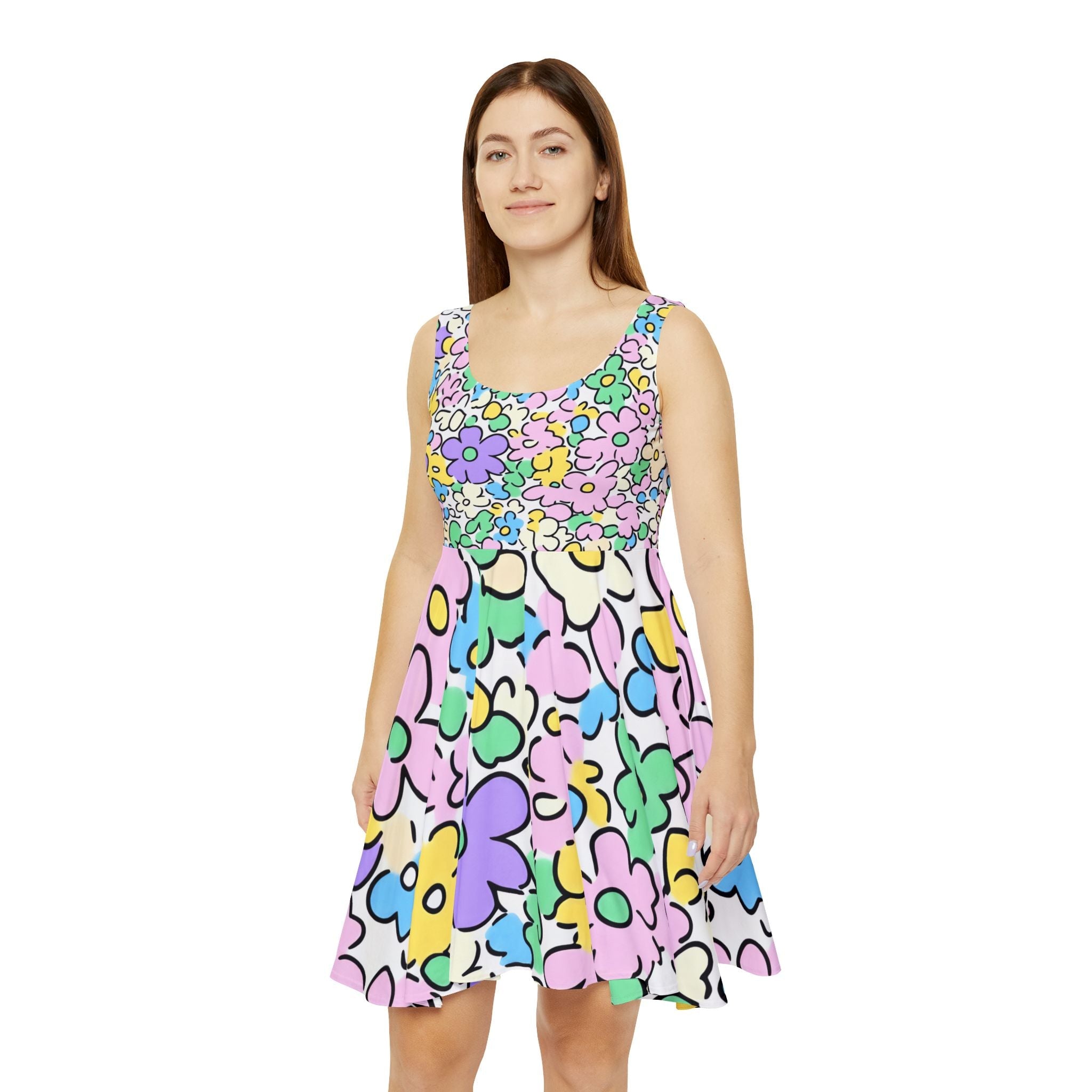 Pastel Floral Sleeveless Skater Dress, Artsulli - Art is Long, Life is Short, All Over Prints, , , , , , , 