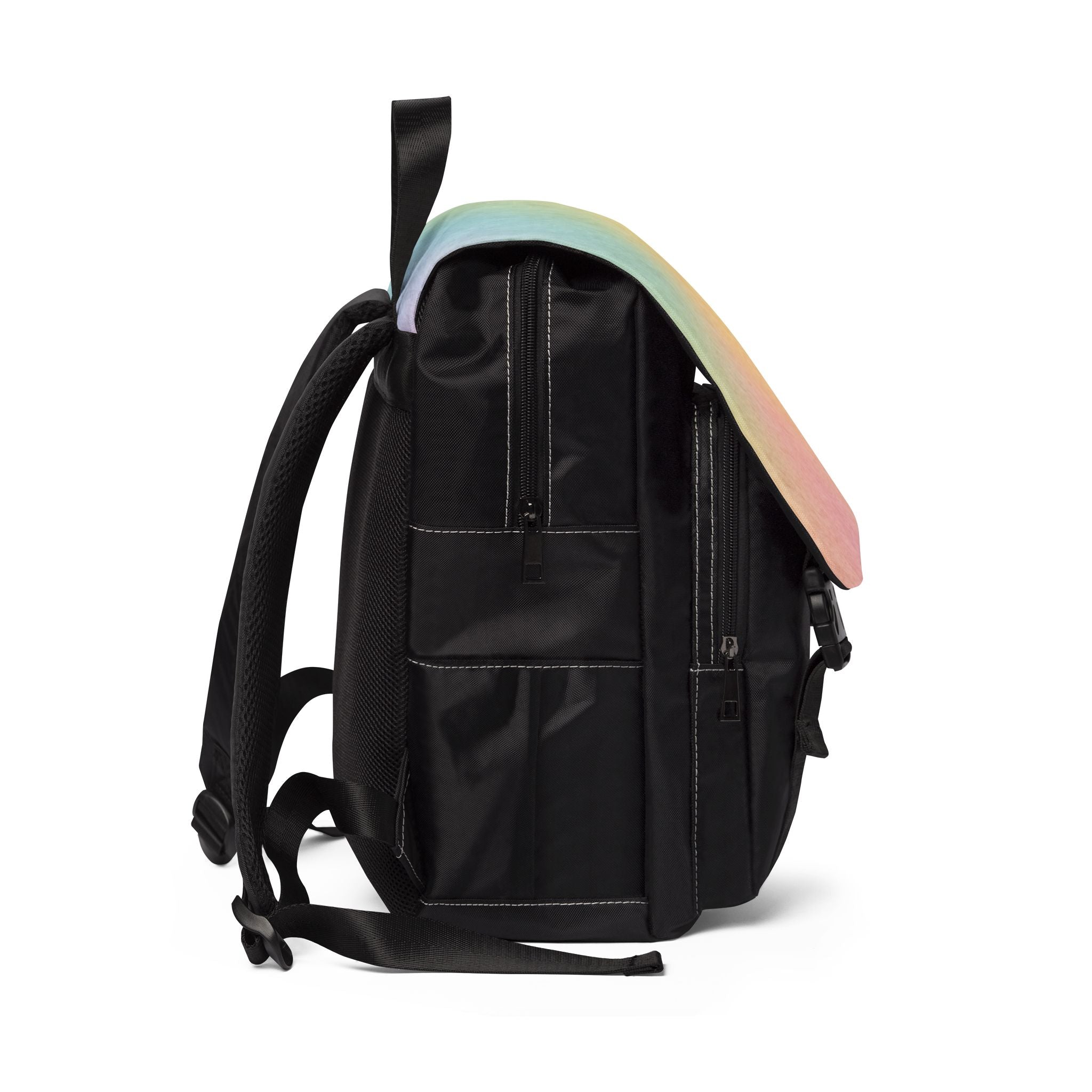 Pastel Rainbow Flap Black Oxford Backpack, Artsulli - Art is Long, Life is Short, Bags, , , , , , , 